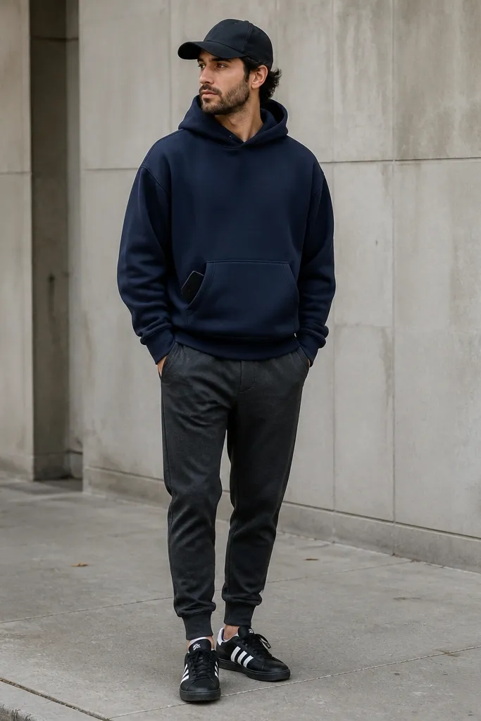 A full-body street photo: black adidas Superstar sneakers, a navy heavyweight hoodie with a slightly dropped shoulder, charcoal joggers with a tapered leg, and a black baseball cap worn forward. The hoodie cuffs sit near the wrists, and the joggers show a clean ankle break. A phone is visible in a hoodie pocket.