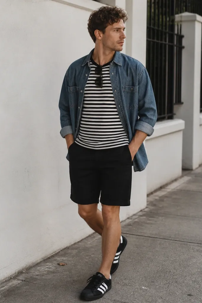 A summer look on a sidewalk: black adidas Superstar sneakers, a black-and-white horizontal striped tee, black knee-length shorts, and a medium-wash denim overshirt worn open. The overshirt has button cuffs rolled once. A pair of sunglasses rests on the chest.