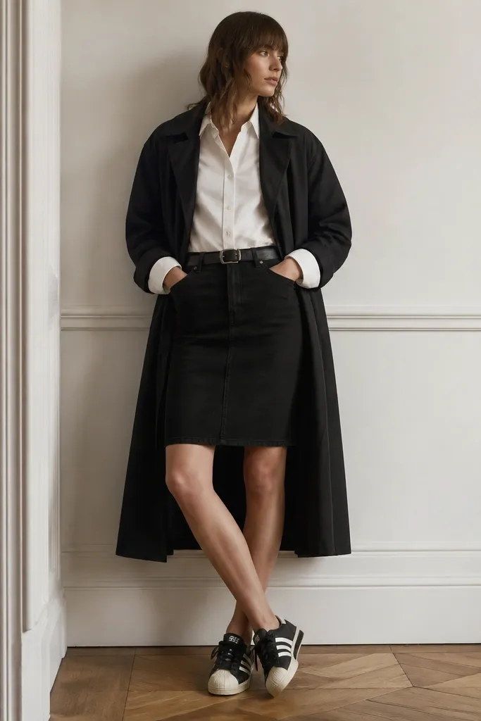 A women's outfit: black adidas Superstars, a white button-up shirt worn tucked, a black denim skirt with a straight cut (or alternatively straight black jeans in the same styling), and a long black trench coat worn open. The trench hits below the knee, and the cuffs show a bit of the shirt.