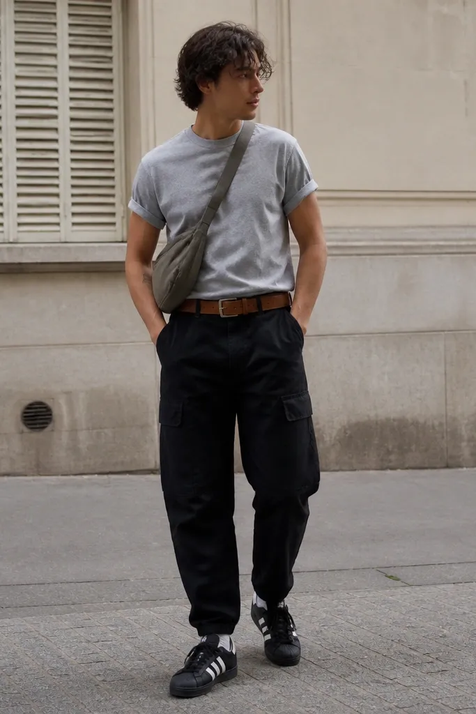 A street-style photo: black adidas superstar sneakers, a grey marl crew tee, black carpenter pants with visible side pockets and a slightly dropped knee, plus a tan leather belt. The pants have a relaxed thigh and taper at the ankle. A neutral crossbody bag is worn across the chest.