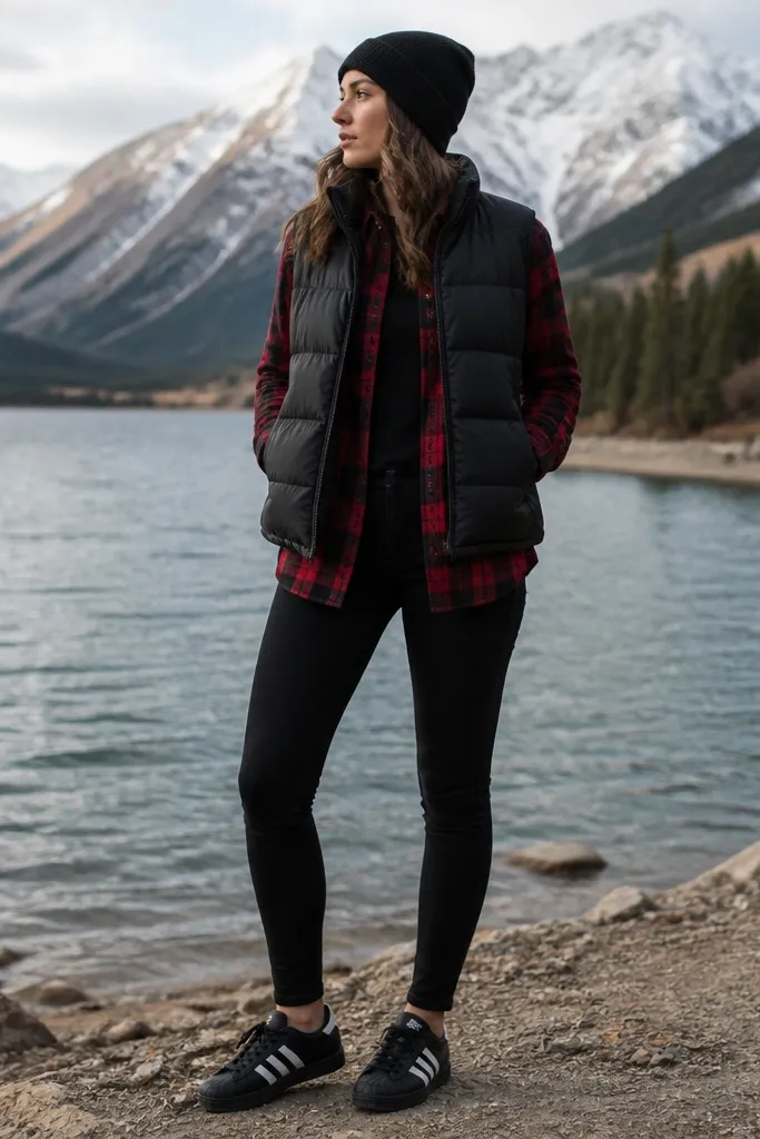 A cold-weather outfit: black adidas superstar sneakers, a red-and-black flannel shirt worn open over a black base layer, and a black puffer vest layered on top. The vest is matte with a high collar. The pants are black leggings or slim jeans, and the person wears a beanie.