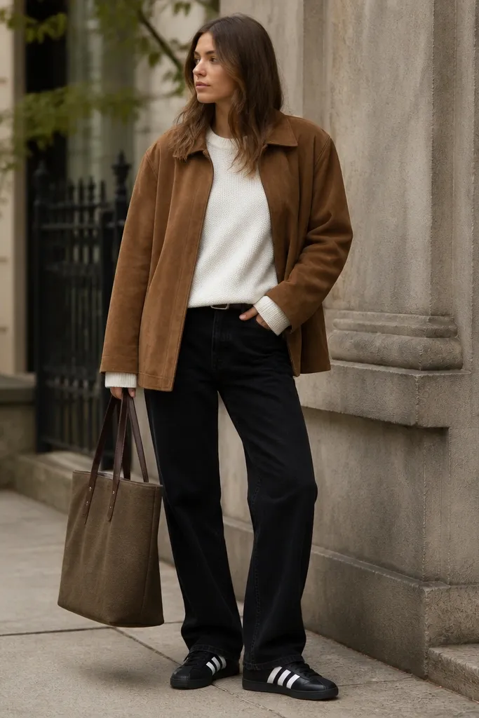 A fall outfit: black adidas superstar sneakers, white thermal long-sleeve with visible waffle texture, black jeans, and a camel suede-like jacket worn open. The jacket has a clean collar and soft nap. The person holds a tote bag in brown tones.