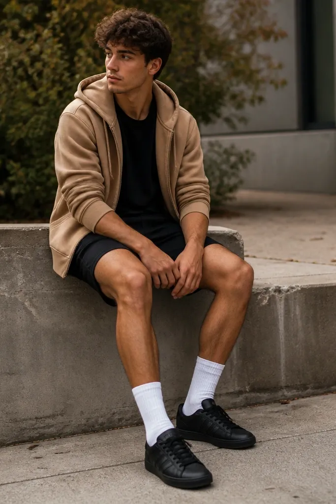 A summer-to-early-fall look: black adidas superstar sneakers, a tan hoodie worn over a black tee, black shorts with a mid-thigh hem, and white crew socks pulled up to mid-calf. The hoodie sleeves are slightly pushed up.