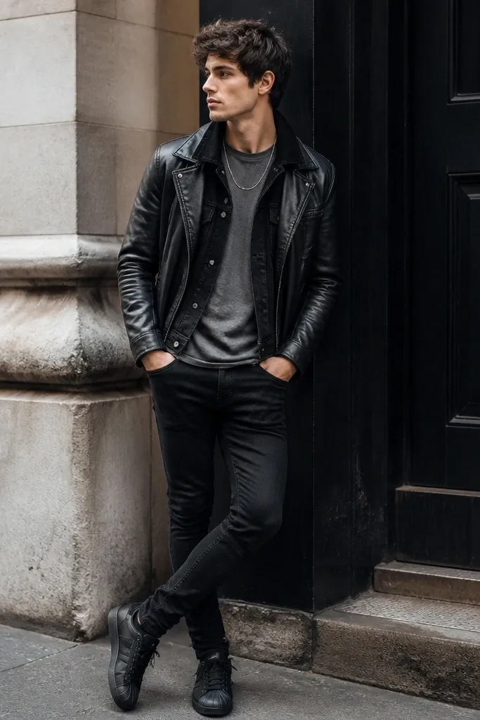 A layered street shot: black adidas superstar sneakers, a grey crew tee, a black leather jacket worn open, and a black denim jacket layered underneath with the collar visible. The person wears slim black jeans and a silver chain.