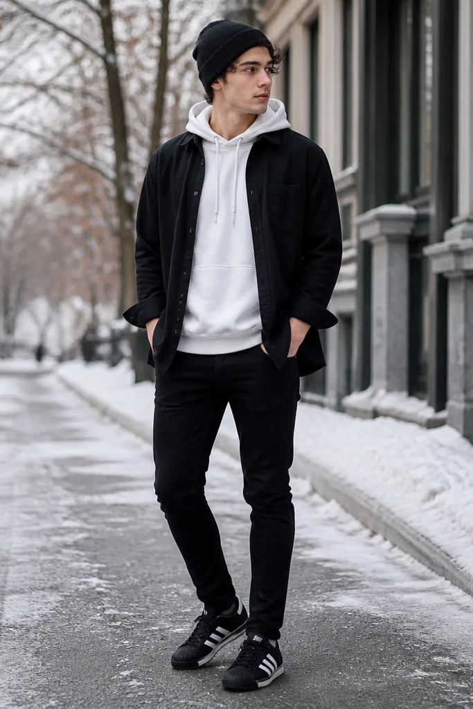A winter street portrait: black adidas superstar sneakers, a white hoodie, a black overshirt worn open over it, slim black jeans, and a black knit beanie. The overshirt sleeves are slightly rolled and the hoodie drawstrings hang straight.