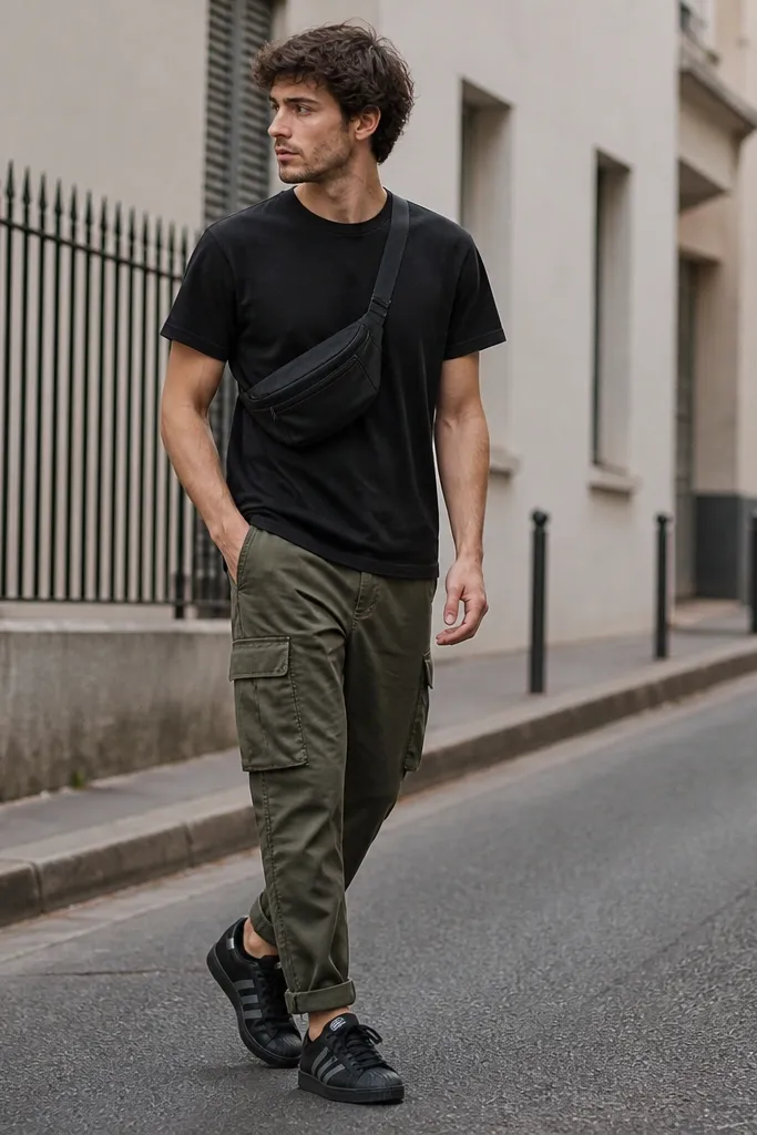A street shot with movement: black adidas superstar sneakers, a plain black crew tee, olive cargo pants with large side pockets, and a small belt bag worn across the front. The pants have a straight-to-tapered leg and the hem is slightly cuffed.