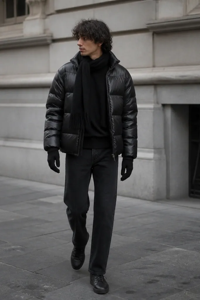 A monochrome outfit photo: black adidas superstar sneakers, a long sleeve black tee, black jeans with a straight cut, and a black puffer jacket with a slightly shiny but controlled finish. The person wears black gloves and a dark scarf.