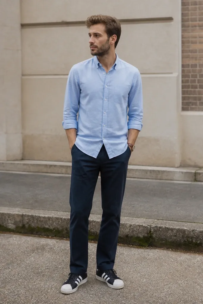A smart-casual street photo: black adidas superstar sneakers, a light sky-blue Oxford button-down worn untucked with the tails slightly over the belt line, navy chinos with a straight leg, and a thin brown leather watch strap visible. The person has a relaxed stance with sleeves rolled to mid-forearm.