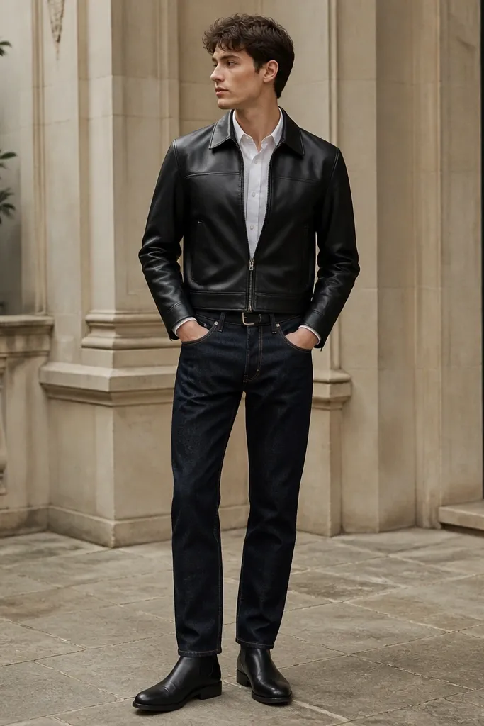 A full-body photo showing black chelsea boots with straight dark-wash jeans, a white button-down Oxford shirt, and a cropped black leather jacket. The hem of the jeans sits slightly above the boot sole; the jacket closes at the waist.