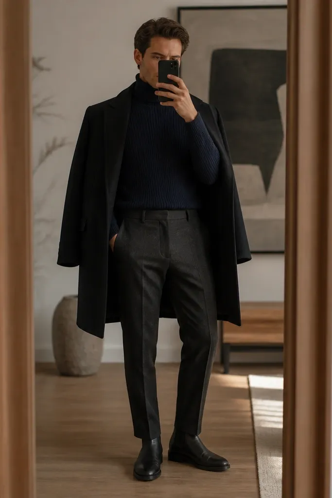 A mirror shot of black chelsea boots with charcoal chinos, a navy ribbed turtleneck sweater, and a dark overcoat sleeve visible at the shoulders. The chinos taper slightly and end cleanly at the ankle.