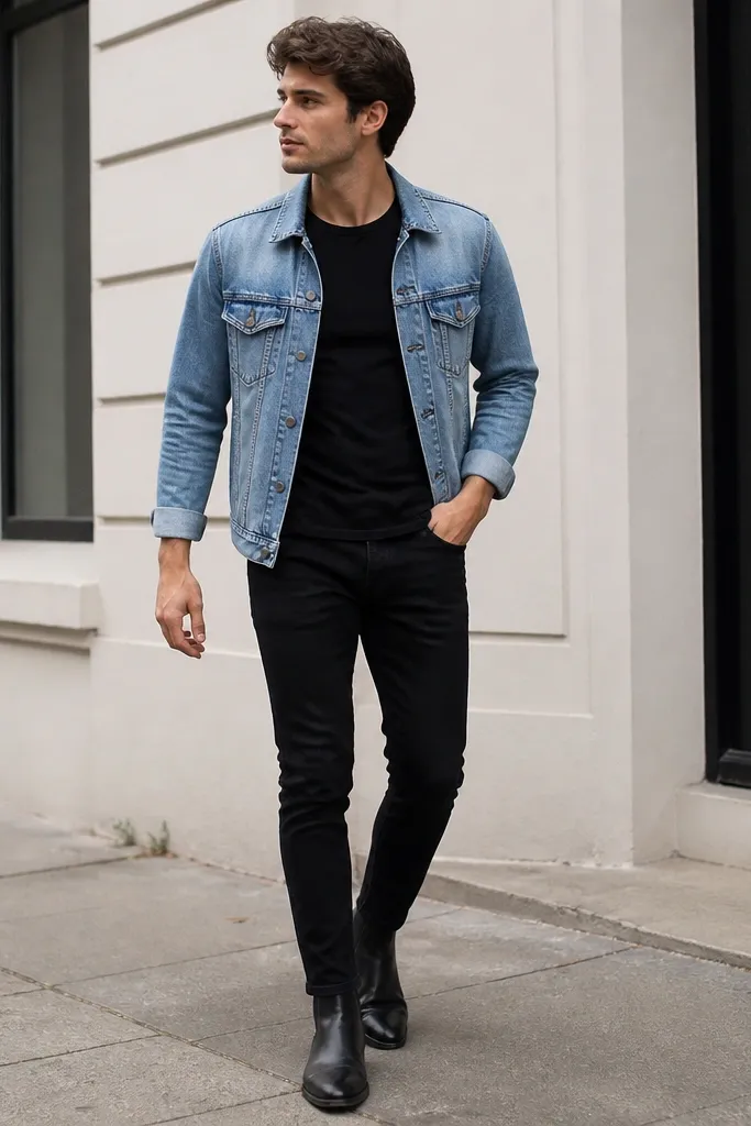 A casual street-style photo: black chelsea boots with black slim jeans, a fitted black crew-neck tee, and a light blue denim jacket worn open. The denim jacket cuffs sit above the wrist bone.