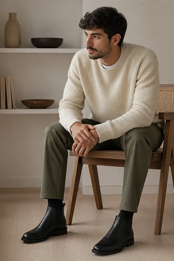The outfit shows black chelsea boots with olive chinos, a cream knit sweater over a white base layer, and black socks peeking above the boot shaft. The chinos sit slim and end neatly above the sole.