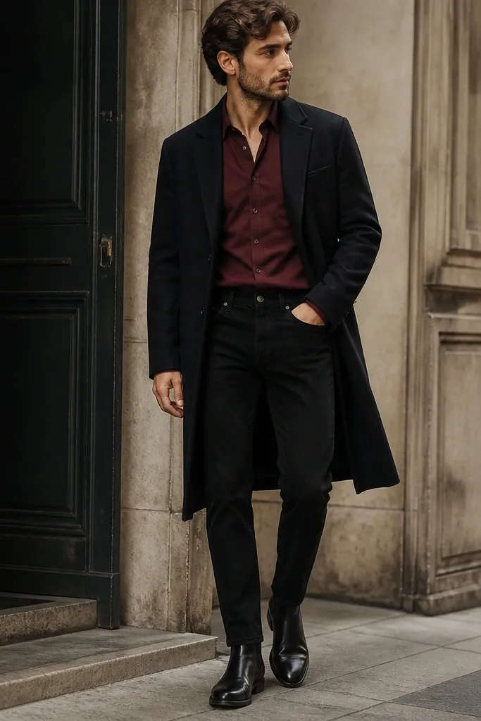 A dressed-up look with black chelsea boots, black tapered jeans, a burgundy button-down shirt, and a long dark overcoat open at the front. The shirt hem is slightly tucked into the jeans.