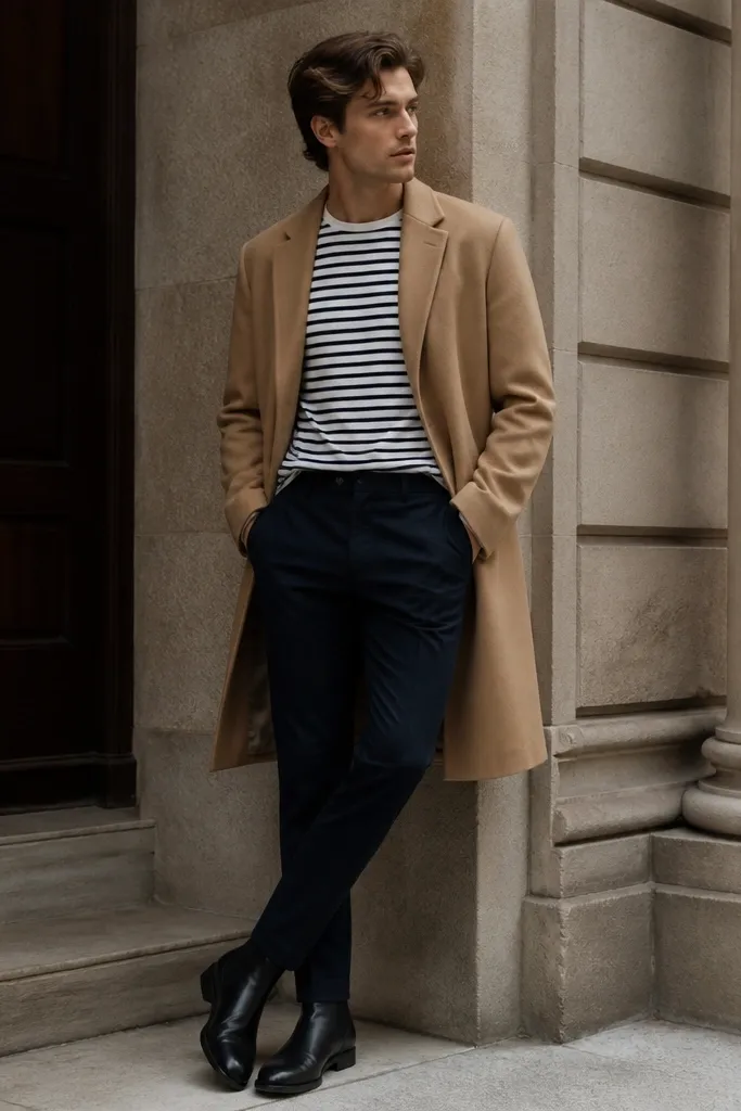 A casual-smart photo: black chelsea boots with navy chinos, a white-and-navy striped Breton tee, and a camel topcoat worn open. The stripes are horizontal and the tee is slightly tucked.