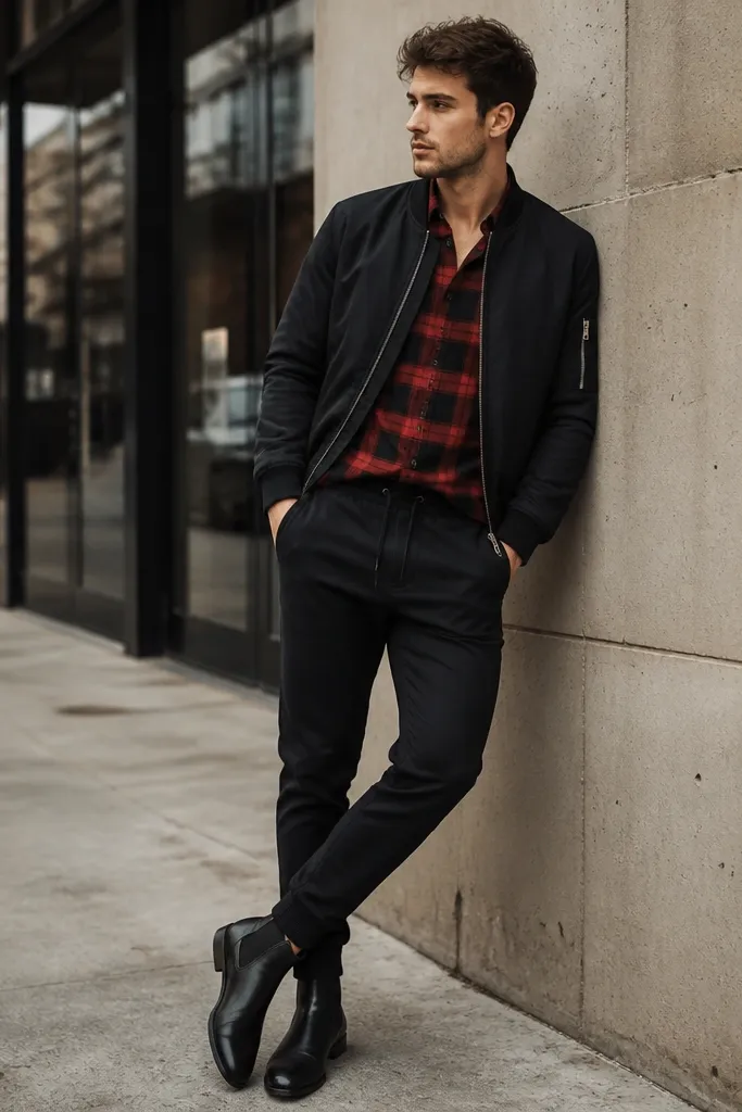 An urban casual outfit featuring black chelsea boots with black trousers that taper like joggers, a red-and-black checked flannel shirt, and a dark bomber jacket. The flannel is partially tucked.