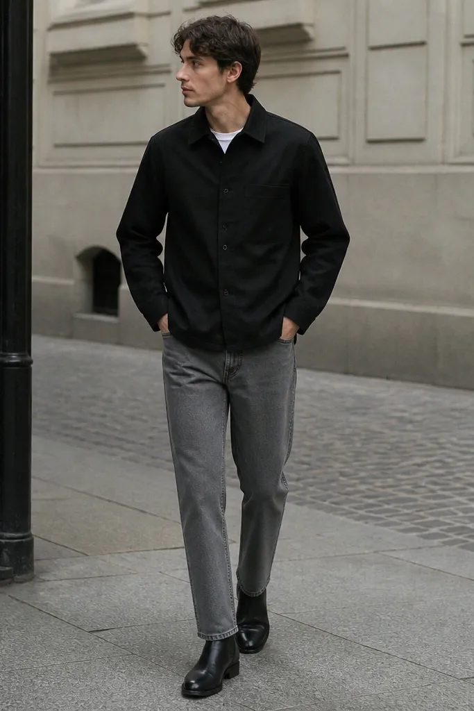 A casual street photo: black chelsea boots with grey straight jeans, a white crew tee, and a black overshirt layered on top. The overshirt is buttoned and the jeans hem is clean.