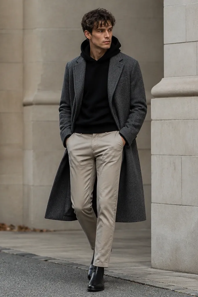 A colder-season look: black chelsea boots with stone-colored chinos, a black hoodie, and a long grey wool coat worn open. The hoodie hem sits just above the waistband of the chinos.
