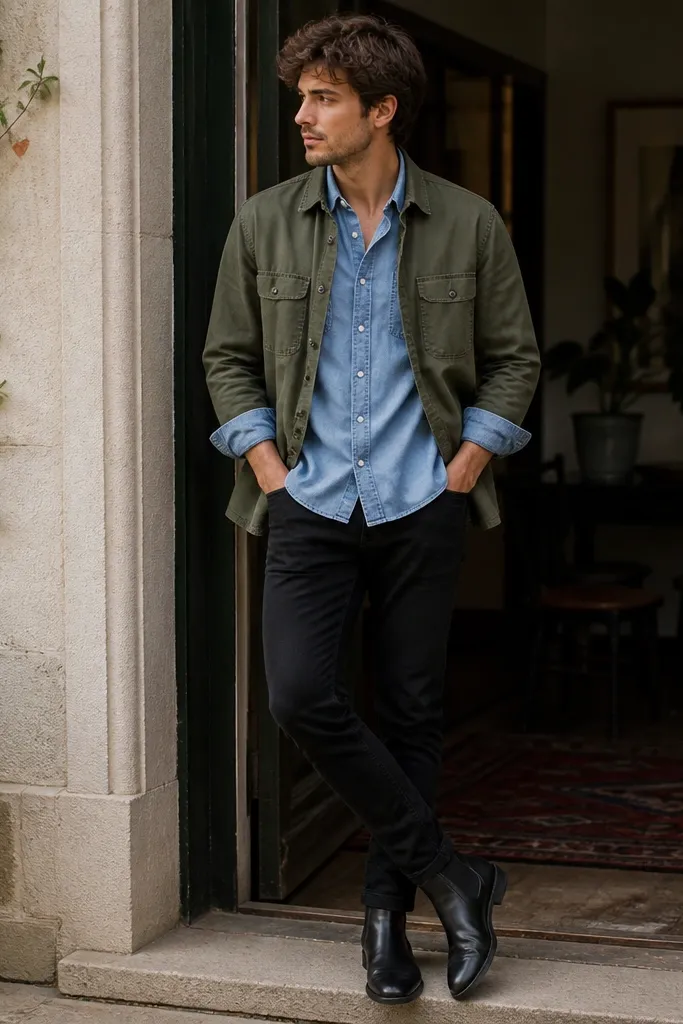 A layered casual photo: black chelsea boots with black skinny jeans, a light blue chambray shirt, and an olive overshirt worn open. The overshirt hem covers the waistband.