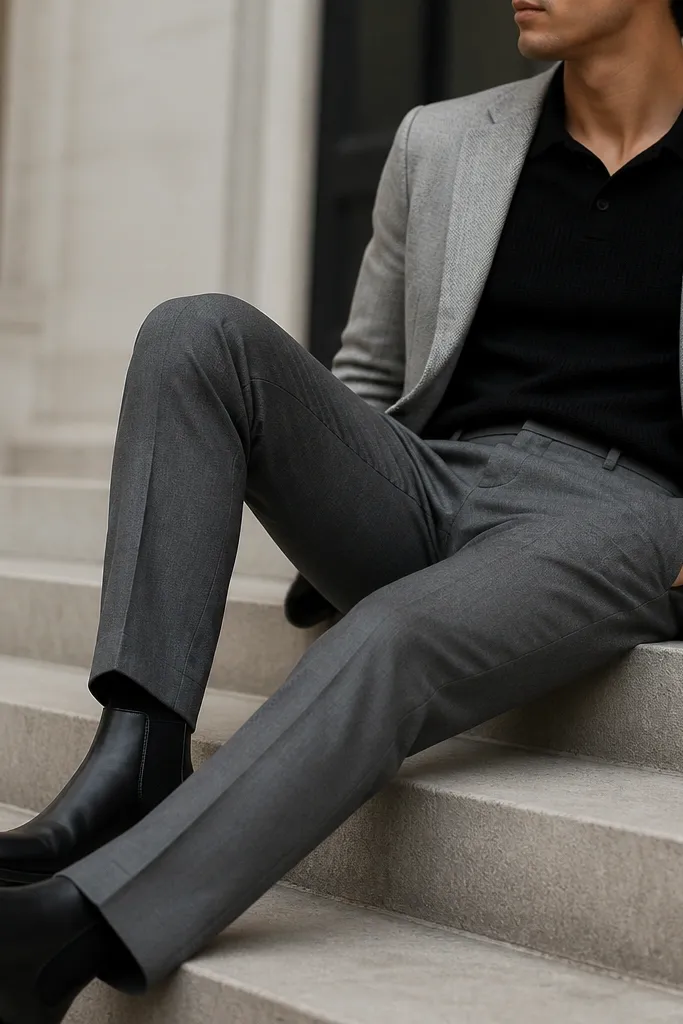 A semi-formal look: black chelsea boots with grey tailored trousers, a black knit polo shirt, and a light grey blazer sleeve visible. The trousers have a clean crease and a narrow hem.