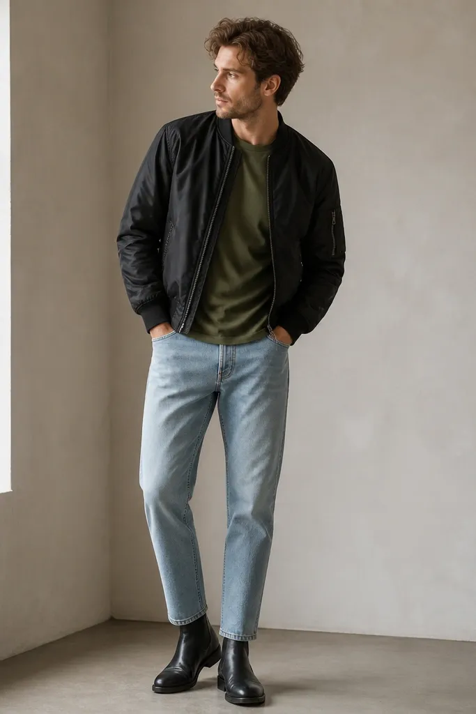 A casual outfit photo: black chelsea boots with light wash straight jeans, an olive green t-shirt, and a black bomber jacket. The jeans are slightly cropped at the ankle.