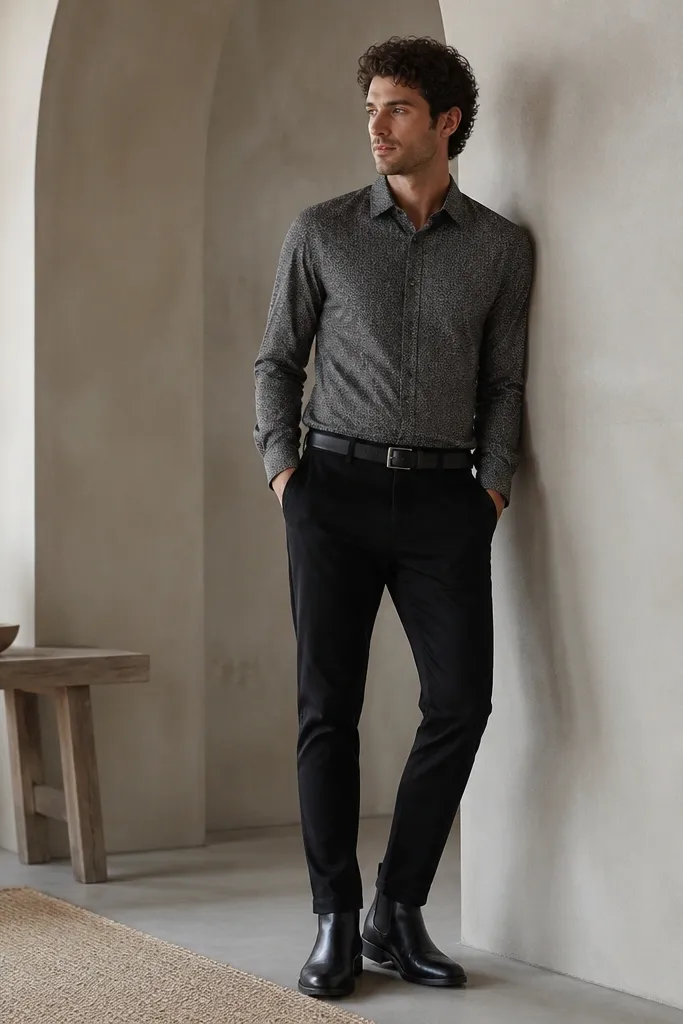A more dressed-up casual shot: black chelsea boots with black chinos and a patterned button-up shirt in muted tones. The shirt is tucked neatly and the belt is black.