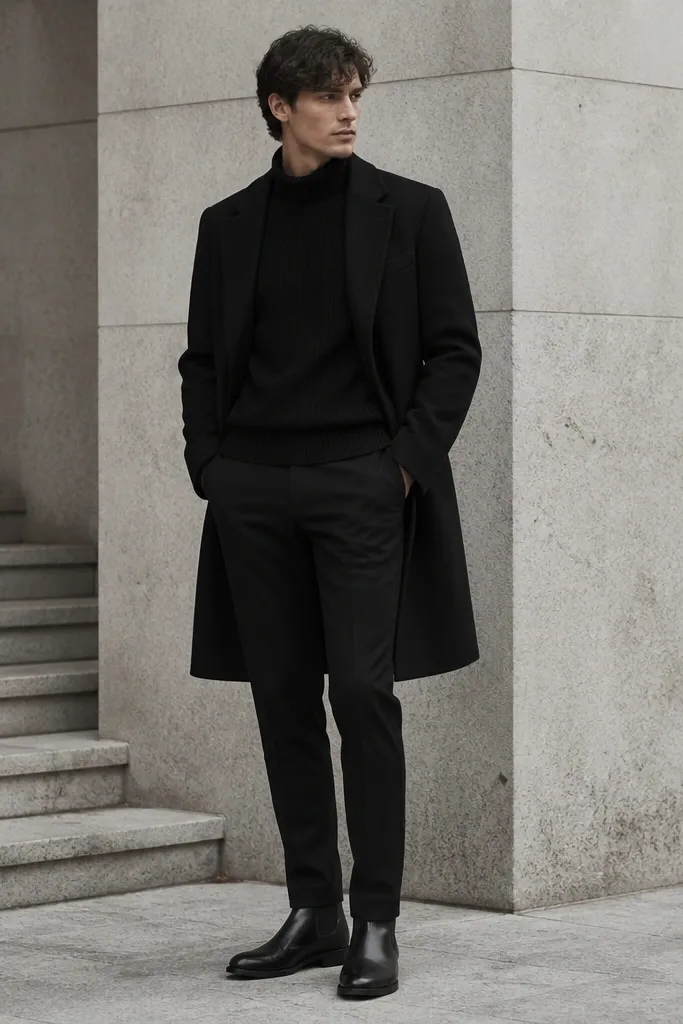 A full-body monochrome look: black chelsea boots with black trousers, a black knit sweater, and a black coat. The fabrics differ - knit on top, smoother trouser fabric below.