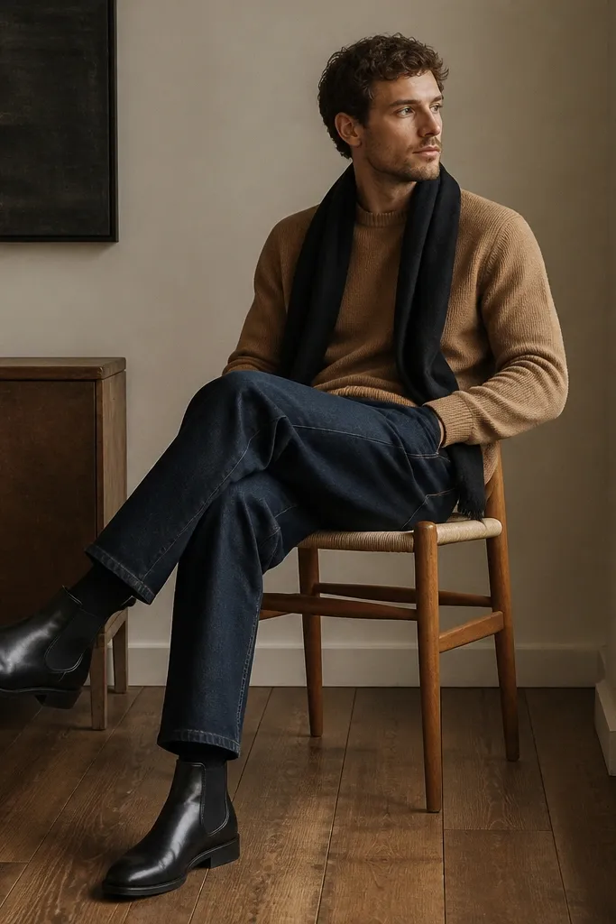 A warm-toned casual photo: black chelsea boots with dark indigo denim, a camel crewneck sweater, and a simple dark scarf. The jeans are straight and slightly cropped.