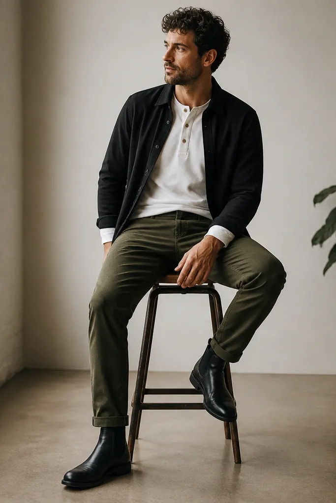 A casual smart setup: black chelsea boots with olive chinos, a white henley with three buttons, and a black overshirt worn open. The henley shows at the neck and sleeves.