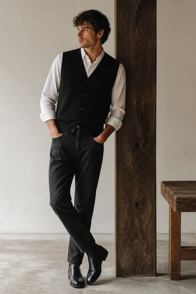 A layered semi-formal photo: black chelsea boots with dark jeans, a white dress shirt, and a black knit vest. The shirt is tucked and the vest is buttoned.