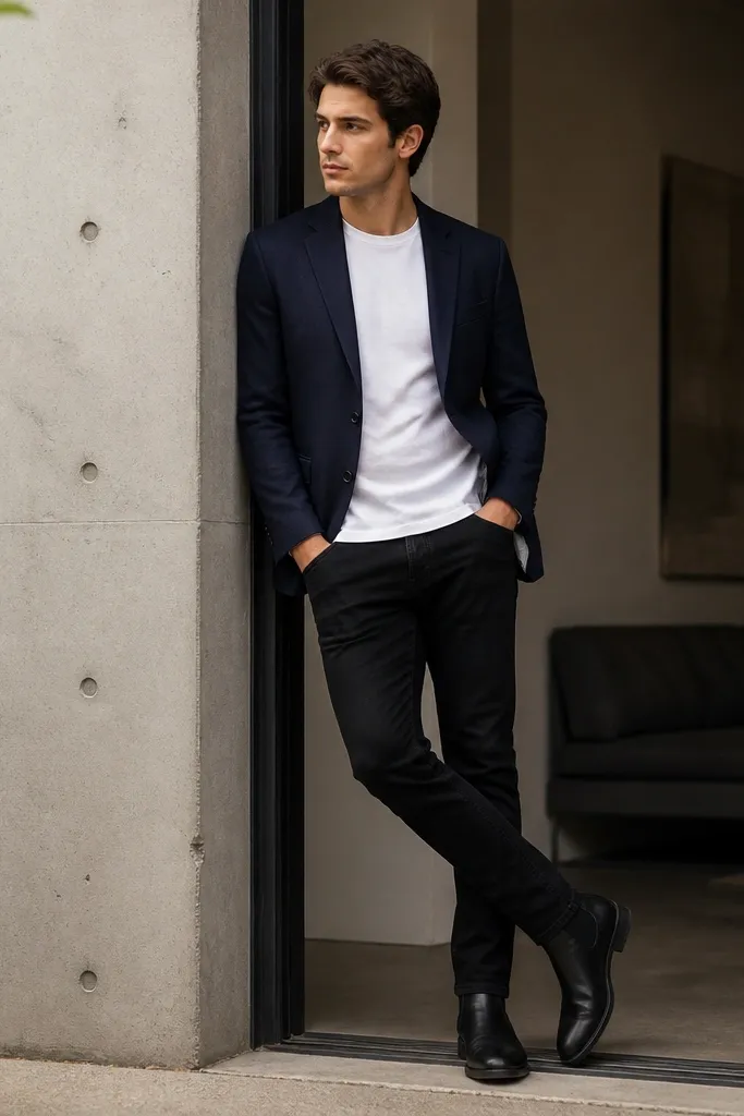 A clean casual-smart look: black chelsea boots with black jeans, a white crew tee, and a navy blazer. The blazer is unbuttoned and the tee is untucked.