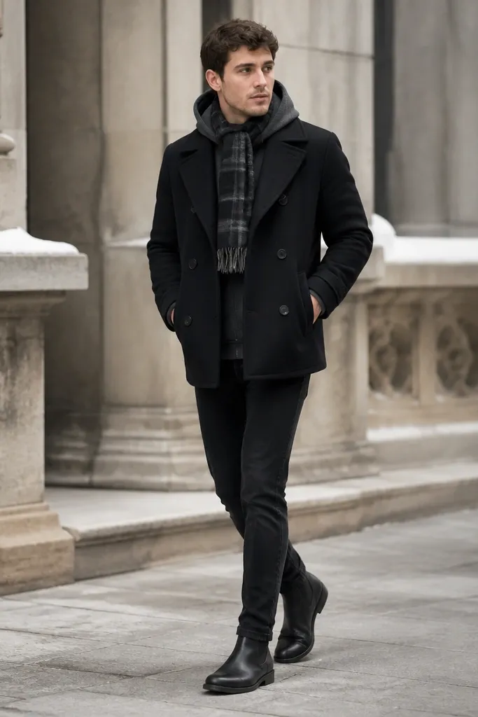 A winter outfit: black chelsea boots with black jeans, a charcoal hoodie under a dark peacoat, and a black-and-grey check scarf at the neck. The hoodie cuffs show slightly at the wrists.