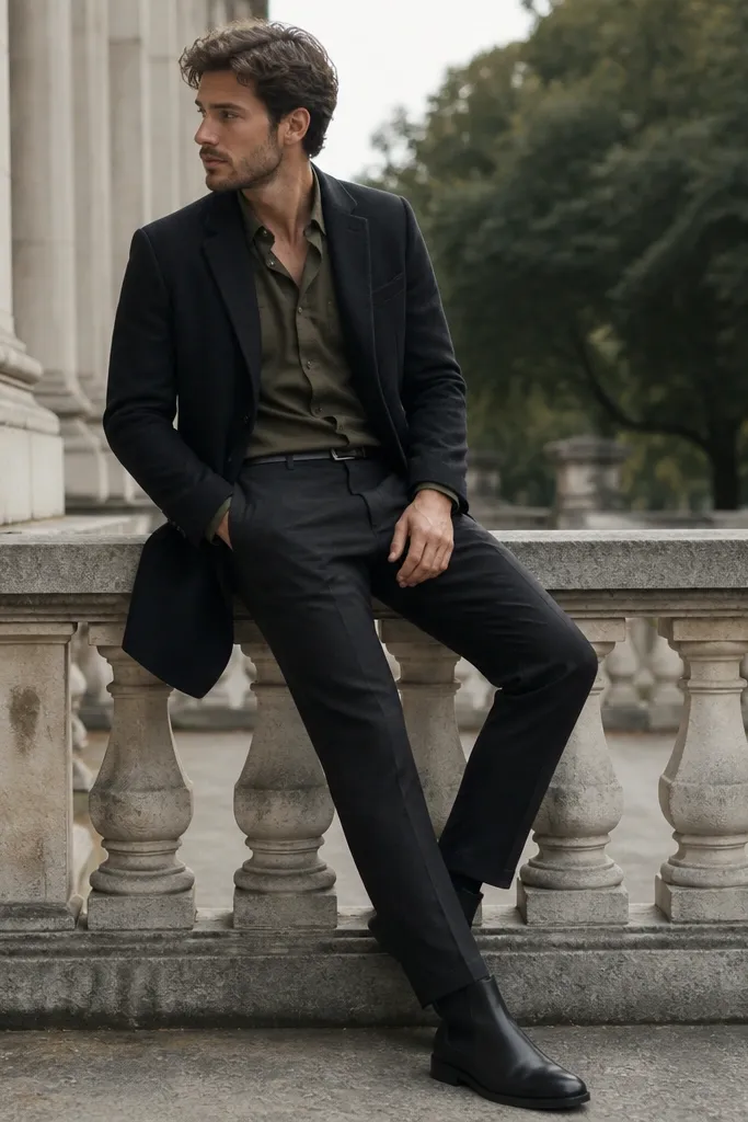 A refined casual outfit: black chelsea boots with dark trousers, an olive button-up shirt, and a dark coat sleeve visible. The olive shirt is tucked and the trouser hem is clean at the ankle.
