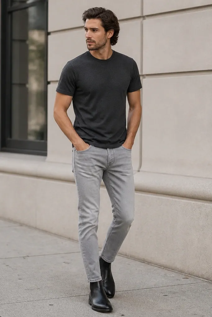 A man wearing a charcoal crewneck t-shirt, light grey tapered denim jeans with a clean break, and black Chelsea boots with elastic sides. The outfit is photographed outdoors on a sidewalk, with the jeans ending just above the boot opening.