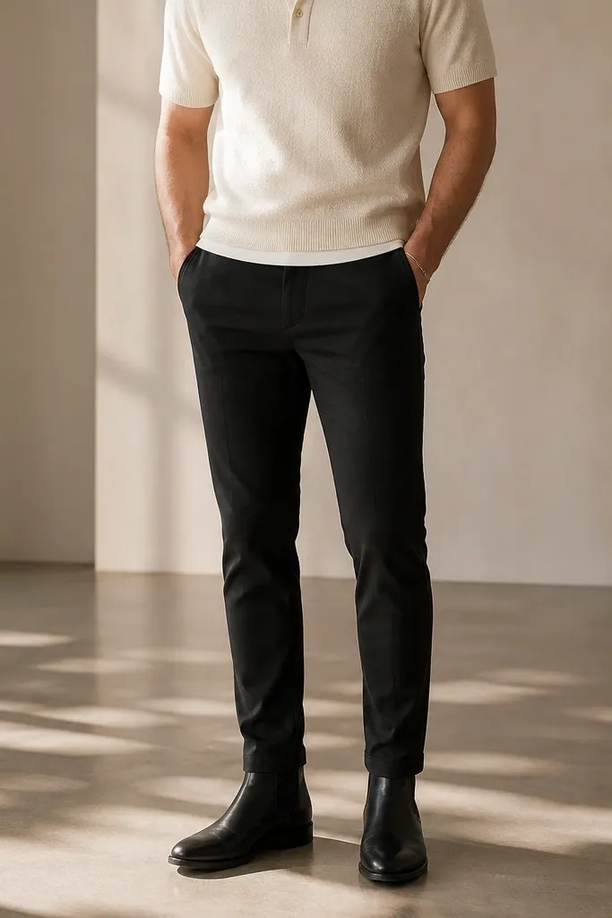 A man in a cream knit polo shirt layered over a neutral base, black slim chinos, and black Chelsea boots. The camera frames from mid-torso to shoes, showing the chinos tapering into the boots.
