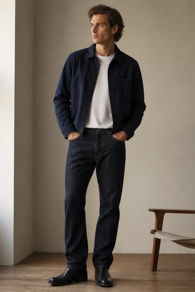 A man wearing a navy overshirt over a white t-shirt, dark indigo straight jeans, and black Chelsea boots. The overshirt hem falls around the belt line; jeans have a slight break over the boot.