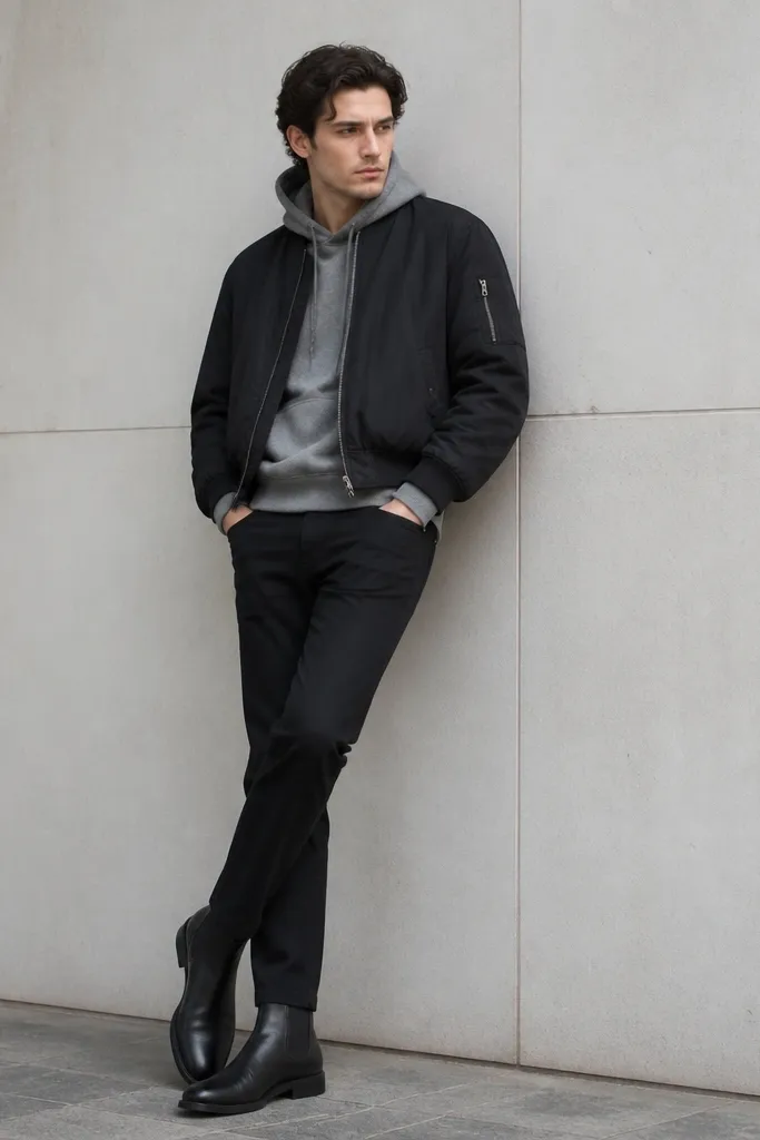 A man in a black bomber jacket over a grey hoodie, black jeans, and black Chelsea boots. The bomber is slightly cropped and the hoodie cuff peeks at the wrist.