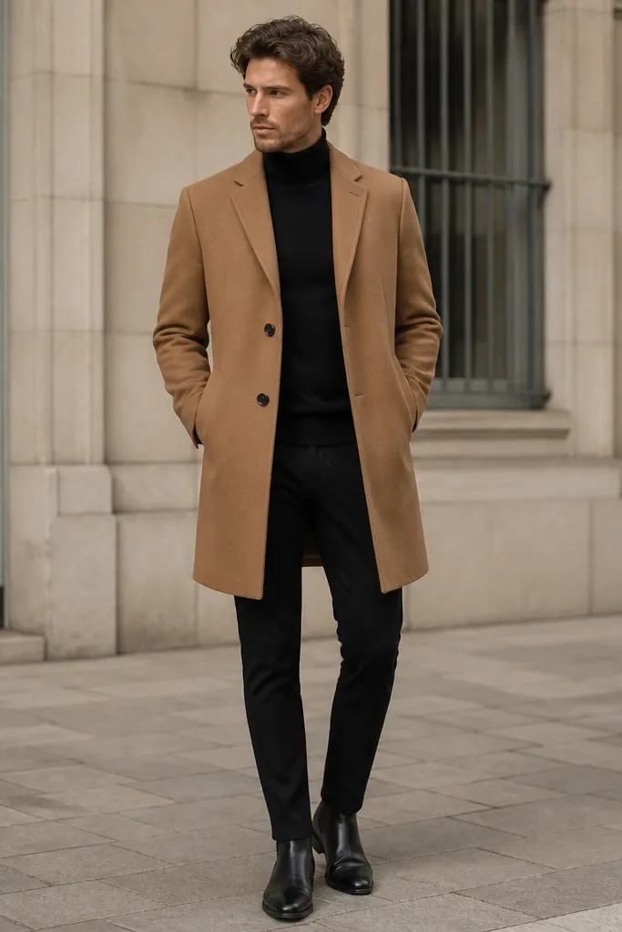 A man wearing a camel overcoat, black turtleneck, black slim trousers, and black Chelsea boots. The coat reaches mid-thigh and the trousers taper into the boots.