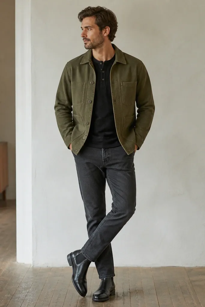 A man in an olive chore jacket over a black henley, dark grey denim jeans, and black Chelsea boots. The jacket has visible buttons and a structured collar.