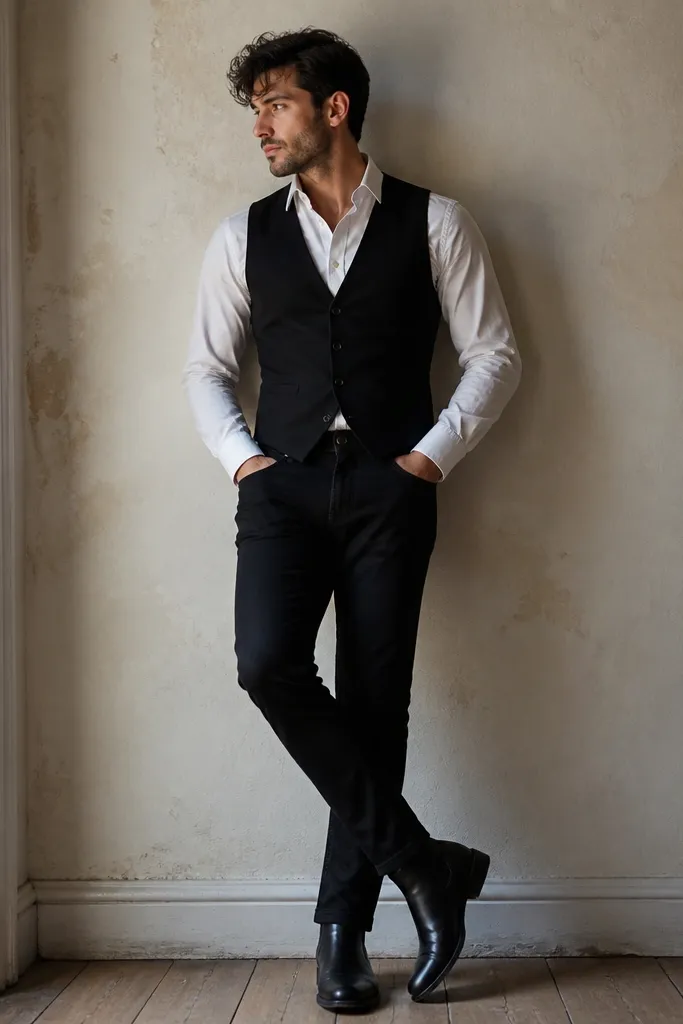 A man wearing a crisp white button-down shirt, a black sleeveless vest, black jeans, and black Chelsea boots. The shirt collar is open with the top button undone.