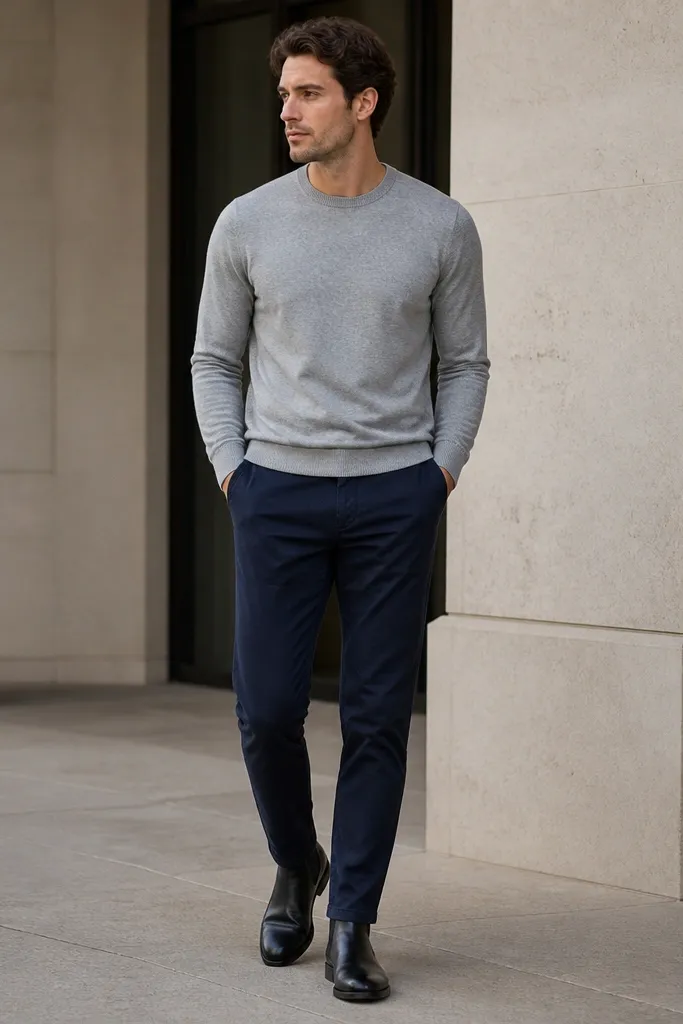 A man in a light grey crewneck sweater, dark navy chinos, and black Chelsea boots. The sweater sleeves sit neatly at the wrist; chinos taper into the boots.