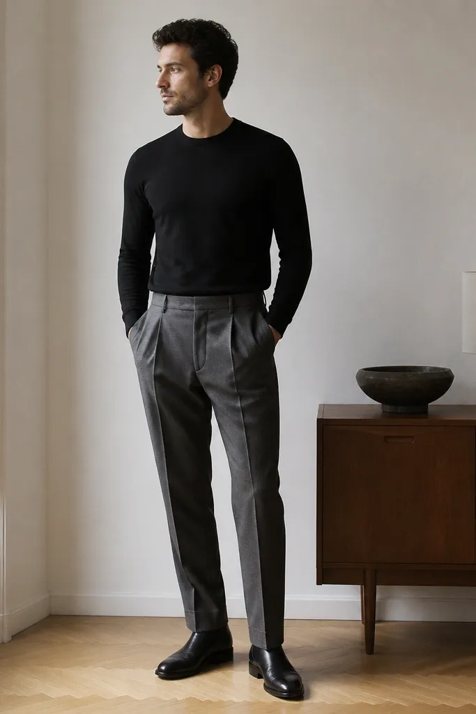 A man wearing a fitted black long-sleeve tee with grey pleated trousers and black Chelsea boots. The trousers have clean pleats and a straight fall into the boots.