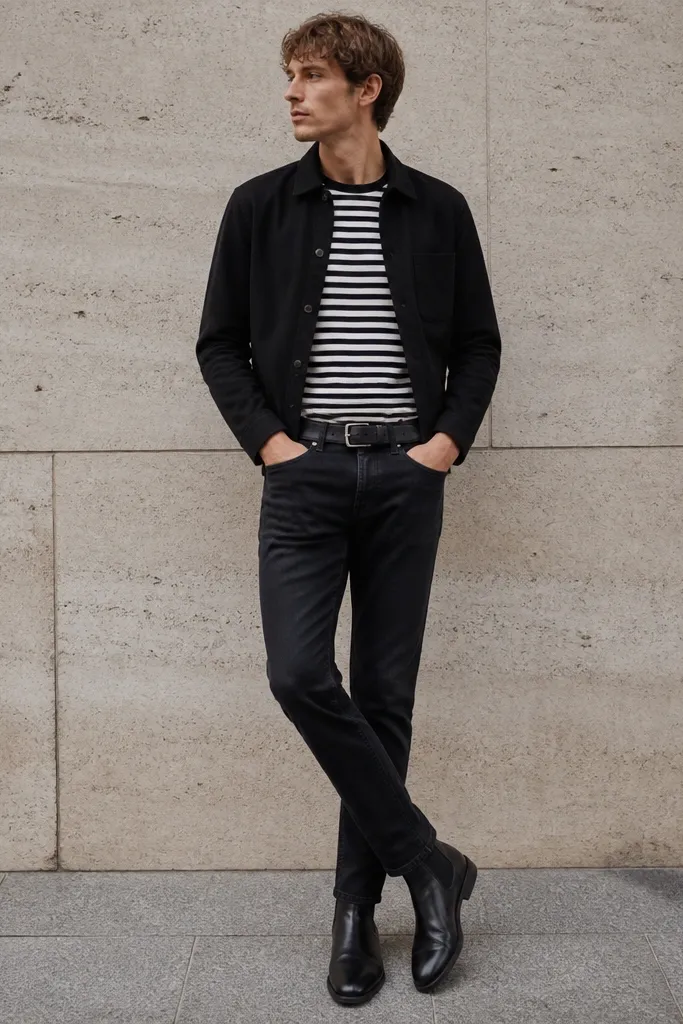 A man wearing a black-and-white striped tee under a black overshirt, dark jeans, and black Chelsea boots. The overshirt hem sits near the belt line.
