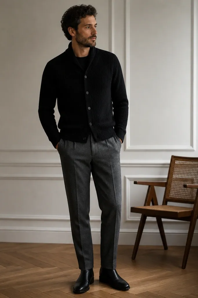 A man wearing a black knit cardigan over a dark base, grey wool trousers, and black Chelsea boots. The cardigan is buttoned and the trousers have a clean break.