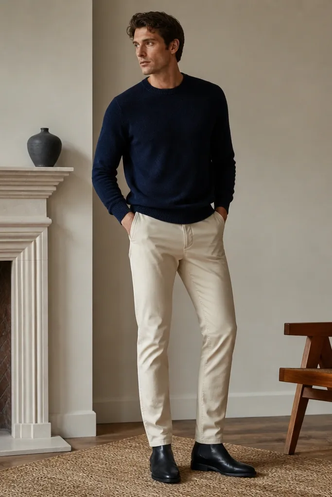A man wearing a navy crewneck sweater, cream chinos, and black Chelsea boots. The cream chinos have a tapered fit and end with a slight break over the boot.