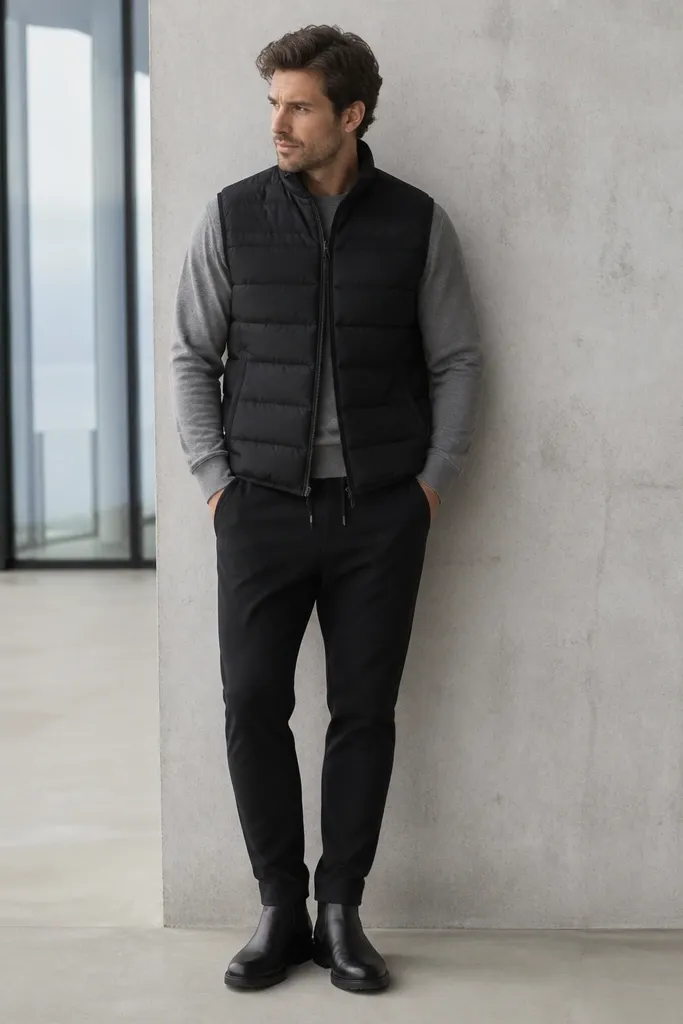 A man wearing a black puffer vest over a grey sweatshirt, black jogger-trouser pants, and black Chelsea boots. The vest is quilted and sits at hip length.