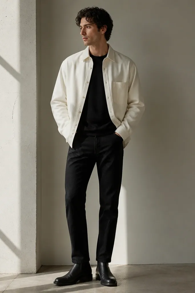 A man wearing a white overshirt over a black t-shirt, straight black denim jeans, and black Chelsea boots. The overshirt is unbuttoned slightly and the jeans show a straight fall into the boots.