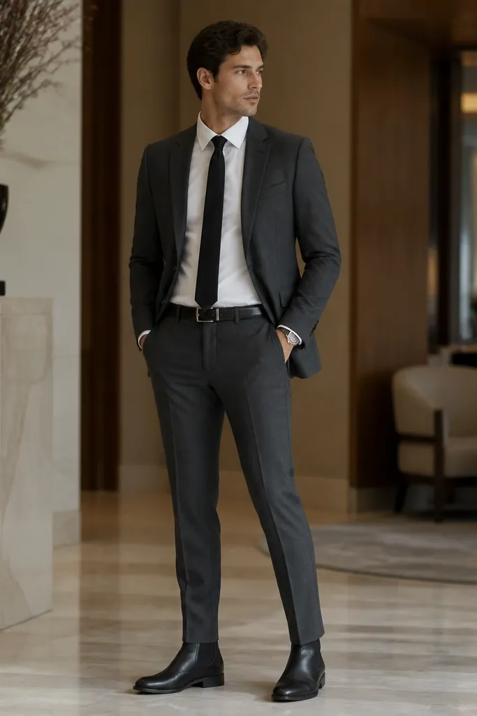 A man in a charcoal single-breasted suit with a white dress shirt and a black silk tie. The trousers fall in a clean line and break right at the top of black chelsea boots with elastic sides. He wears a dark belt and a simple metal watch; the background looks like a hotel lobby.