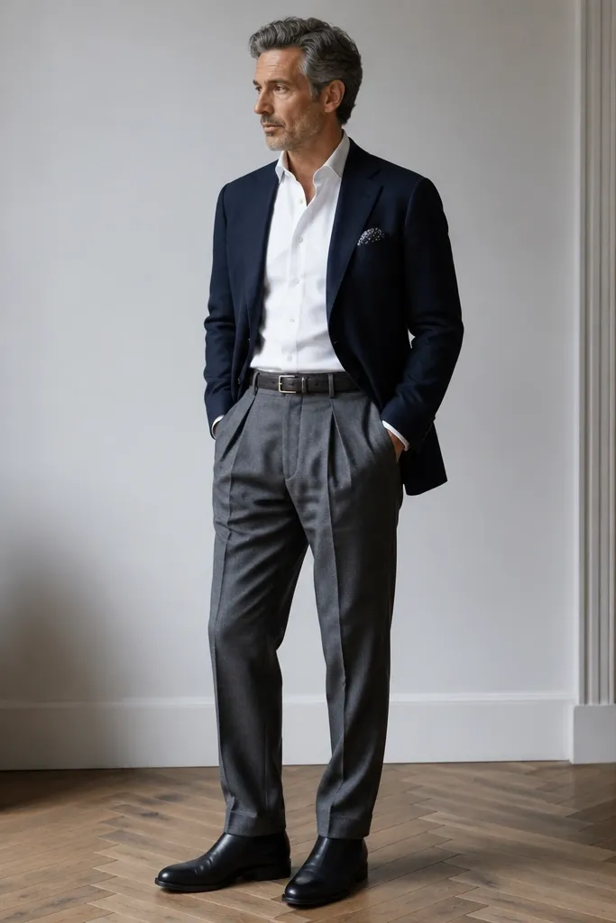 A man wearing a navy blazer over a white Oxford button-down. He has medium-gray pleated trousers with a slight break at the top of black chelsea boots. The belt is dark brown-black and the tie is omitted; a pocket square shows a small white pattern.