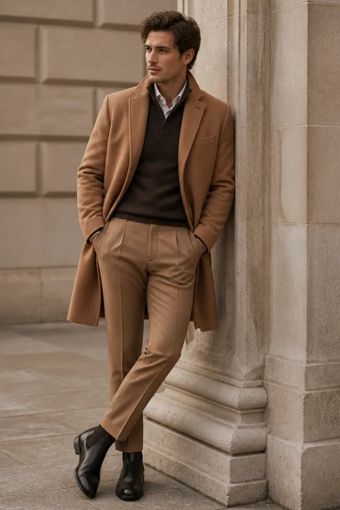 A man in a camel overcoat layered over a camel-and-tan suit bottom with a dark sweater. He wears black chelsea boots with elastic sides and dark socks. The shirt collar is open (no tie), and the coat hem falls around mid-thigh.