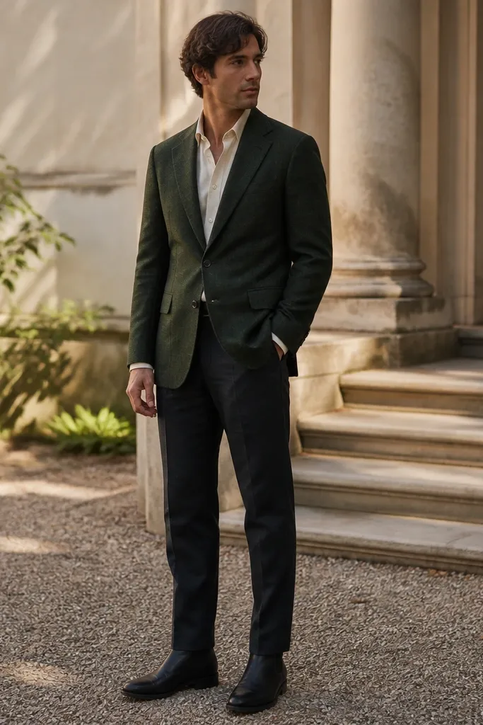 A man wearing a forest green wool blazer with a cream dress shirt and no tie. He has slim-straight dark trousers that end with a slight break at black chelsea boots. The lighting suggests late afternoon; the boots look matte.